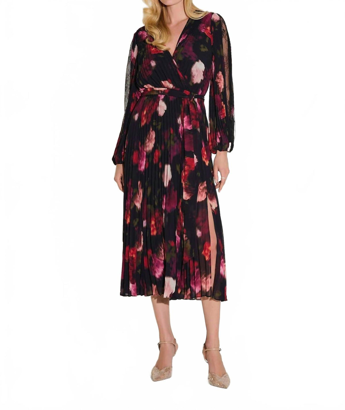 Vestido de gasa midi con estampado floral con pliegues color negro