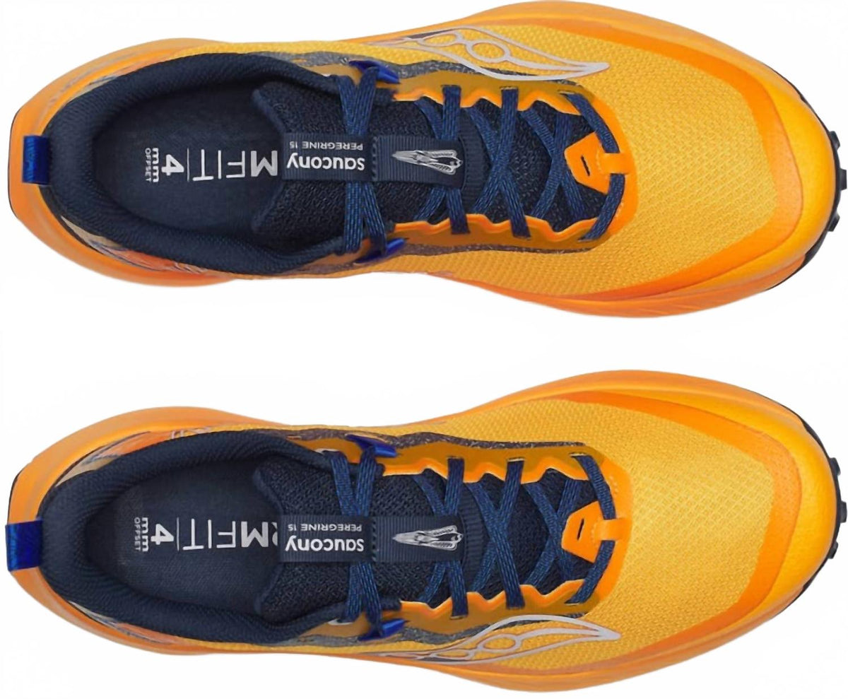 Tenis para correr de hombre color azul marino y naranja