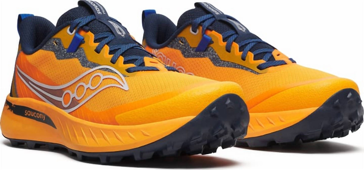 Tenis para correr de hombre color azul marino y naranja