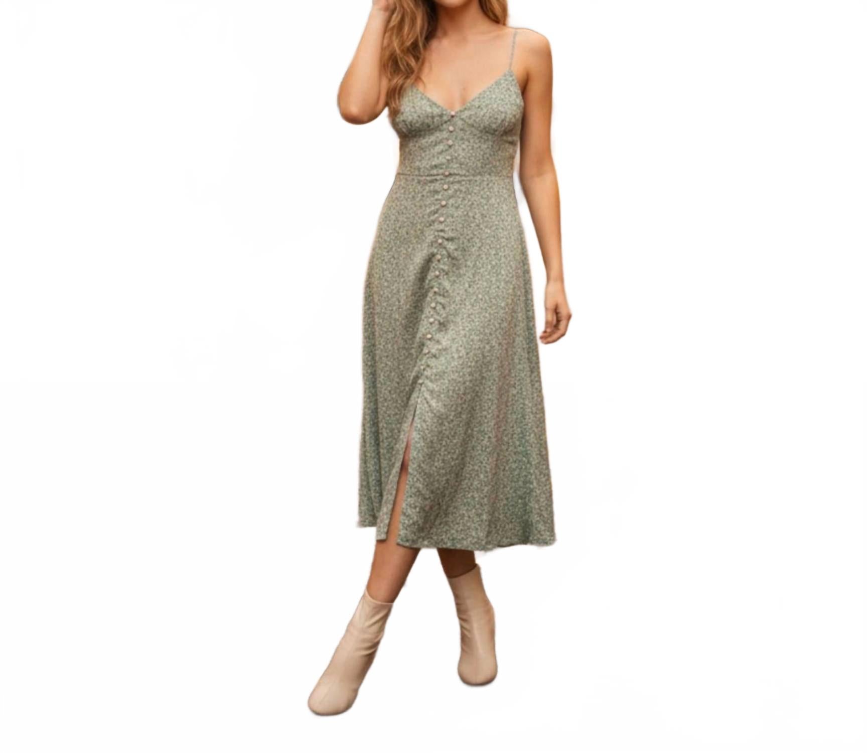 Vestido midi con cuello en V color verde