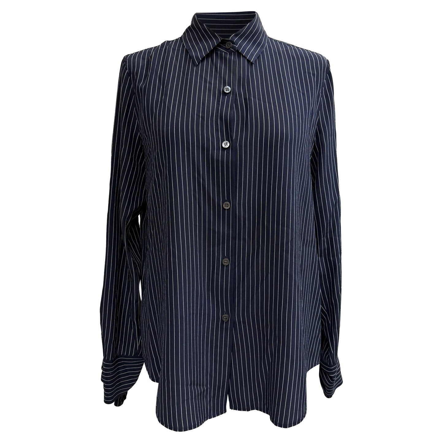 Blusa de seda a rayas color azul marino