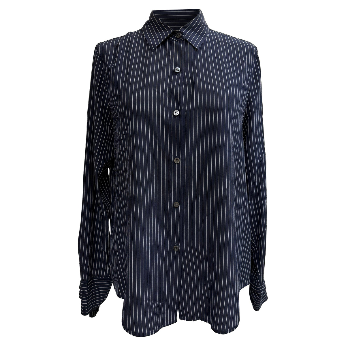 Blusa de seda a rayas color azul marino