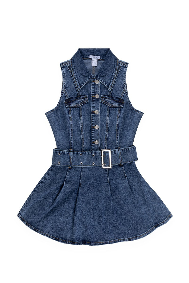 Vestido de mezclilla corto sin mangas con pliegues