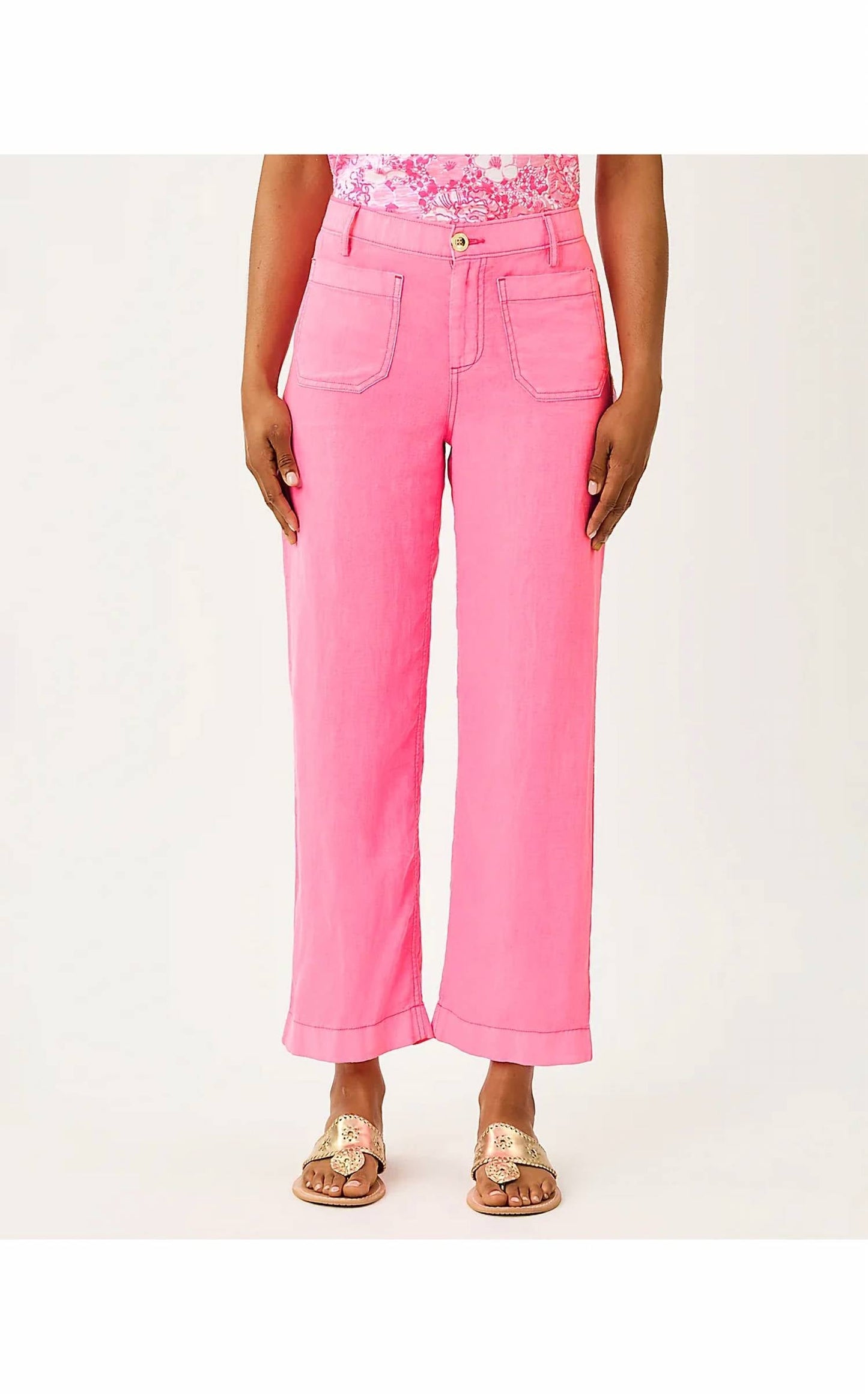 Pantalón de lino de tiro alto color rosado
