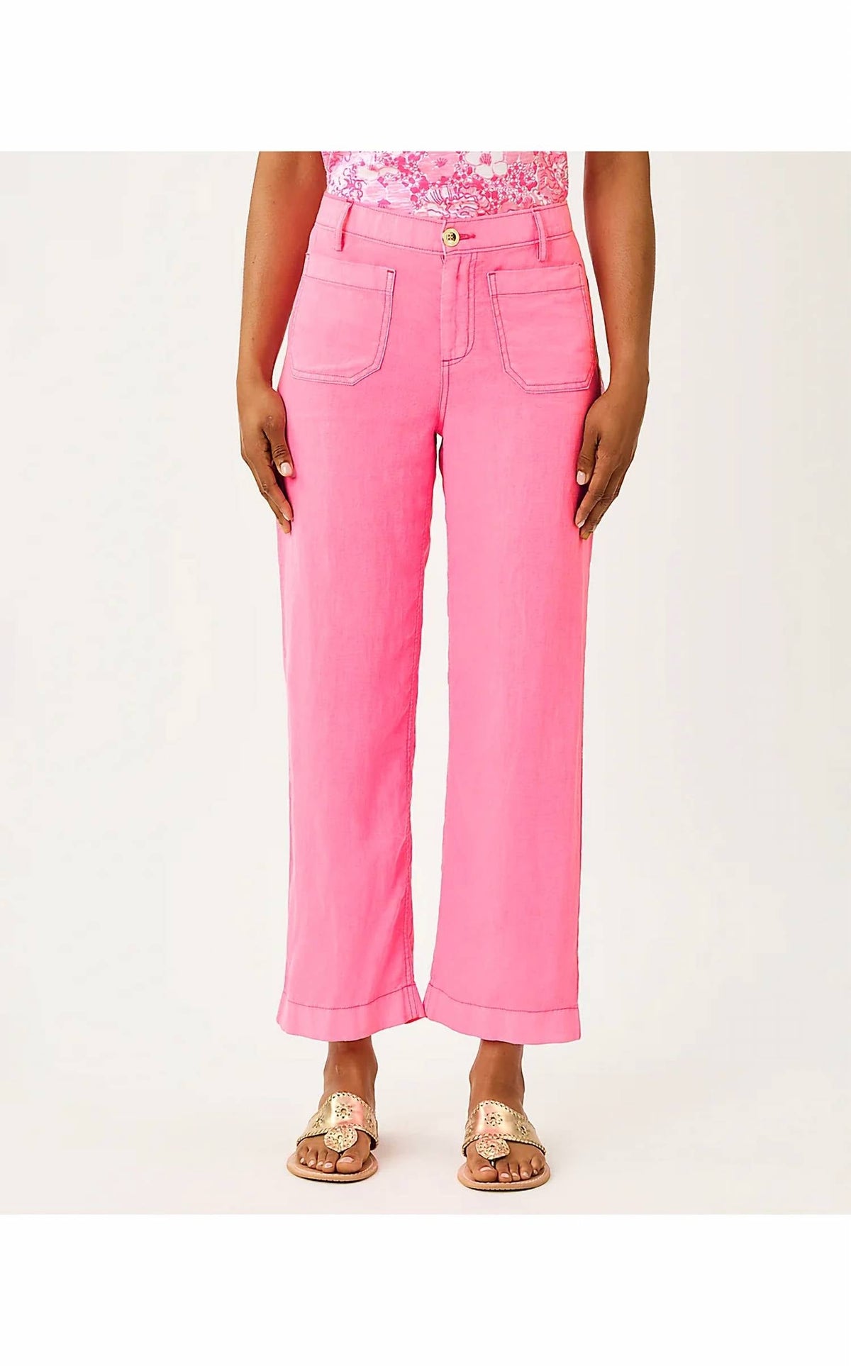 Pantalón de lino de tiro alto color rosado