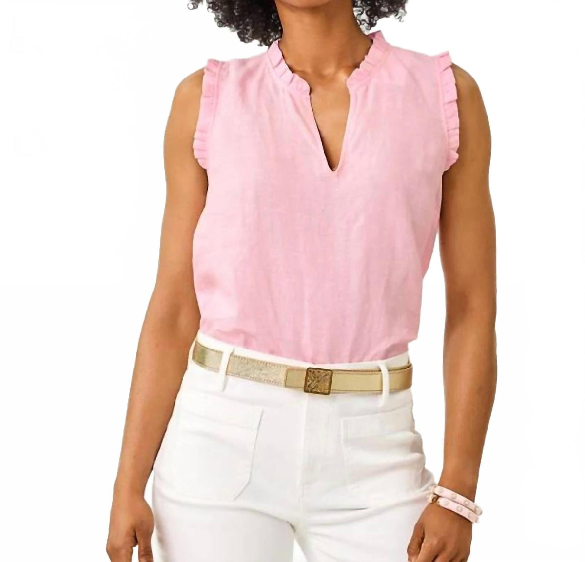 Camiseta sin mangas con boleros color blanco y rosado
