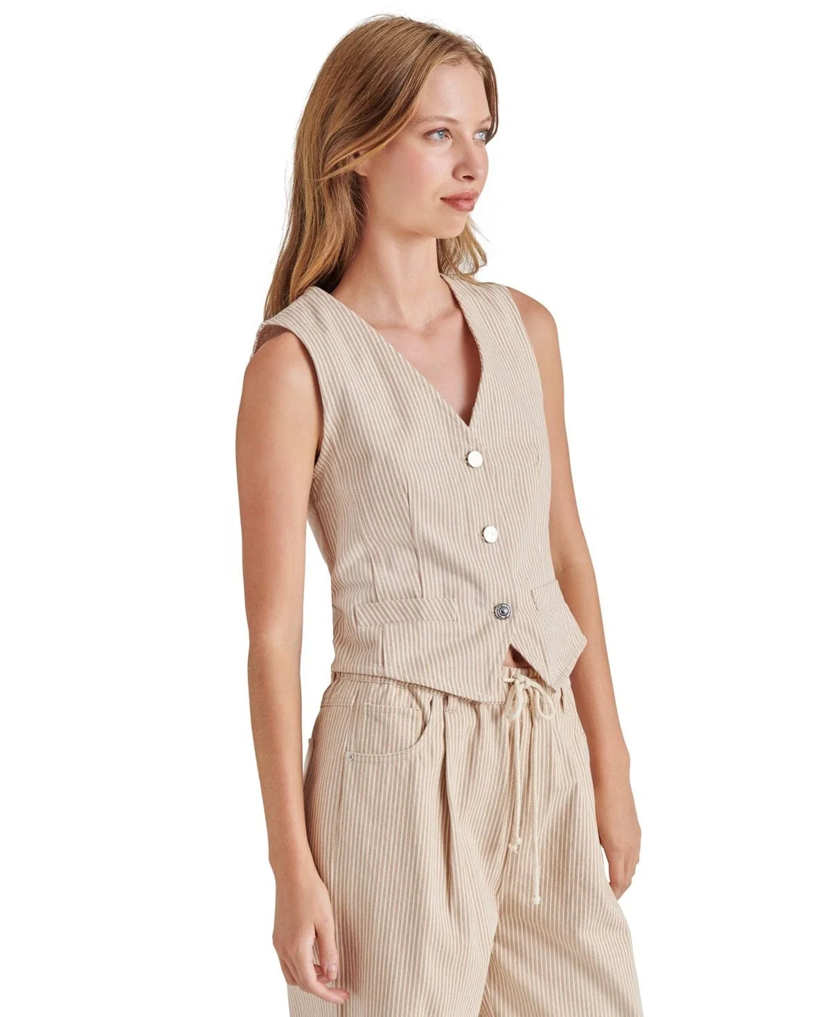 Blusa de mujer de algodón con cuello en V a rayas color caqui