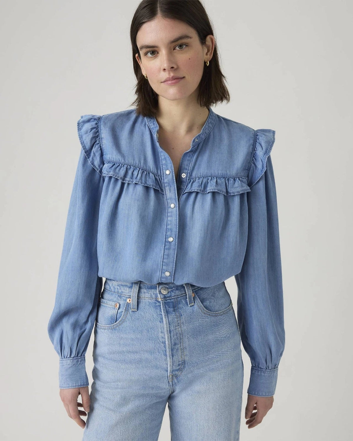 Blusa de mujer de manga larga con boleros color azul