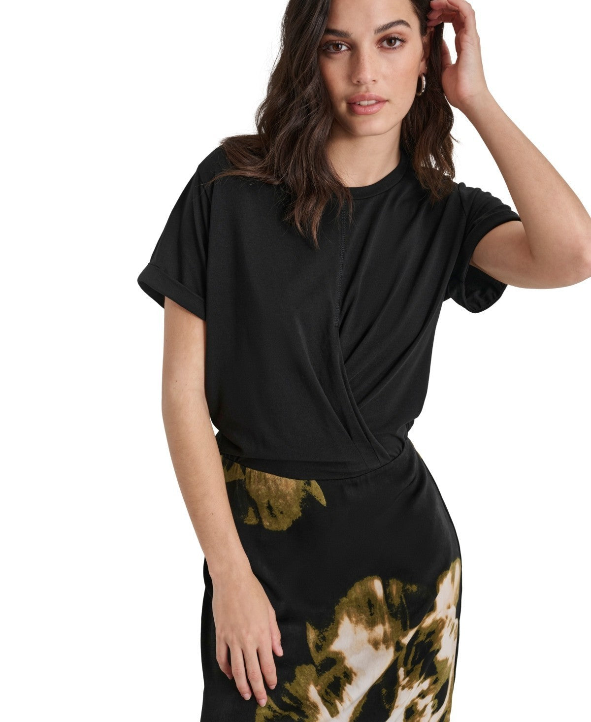 Vestido de mujer de mezcla de algodón midi con cuello redondo con estampado floral color negro