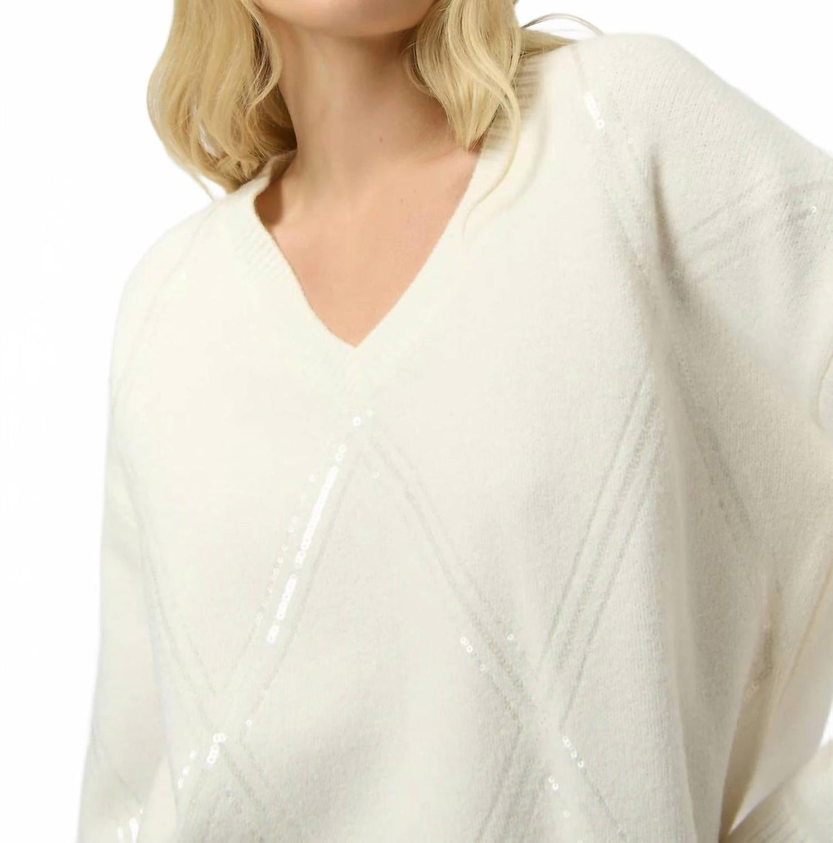 Suéter con cuello en V con lentejuelas color blanco