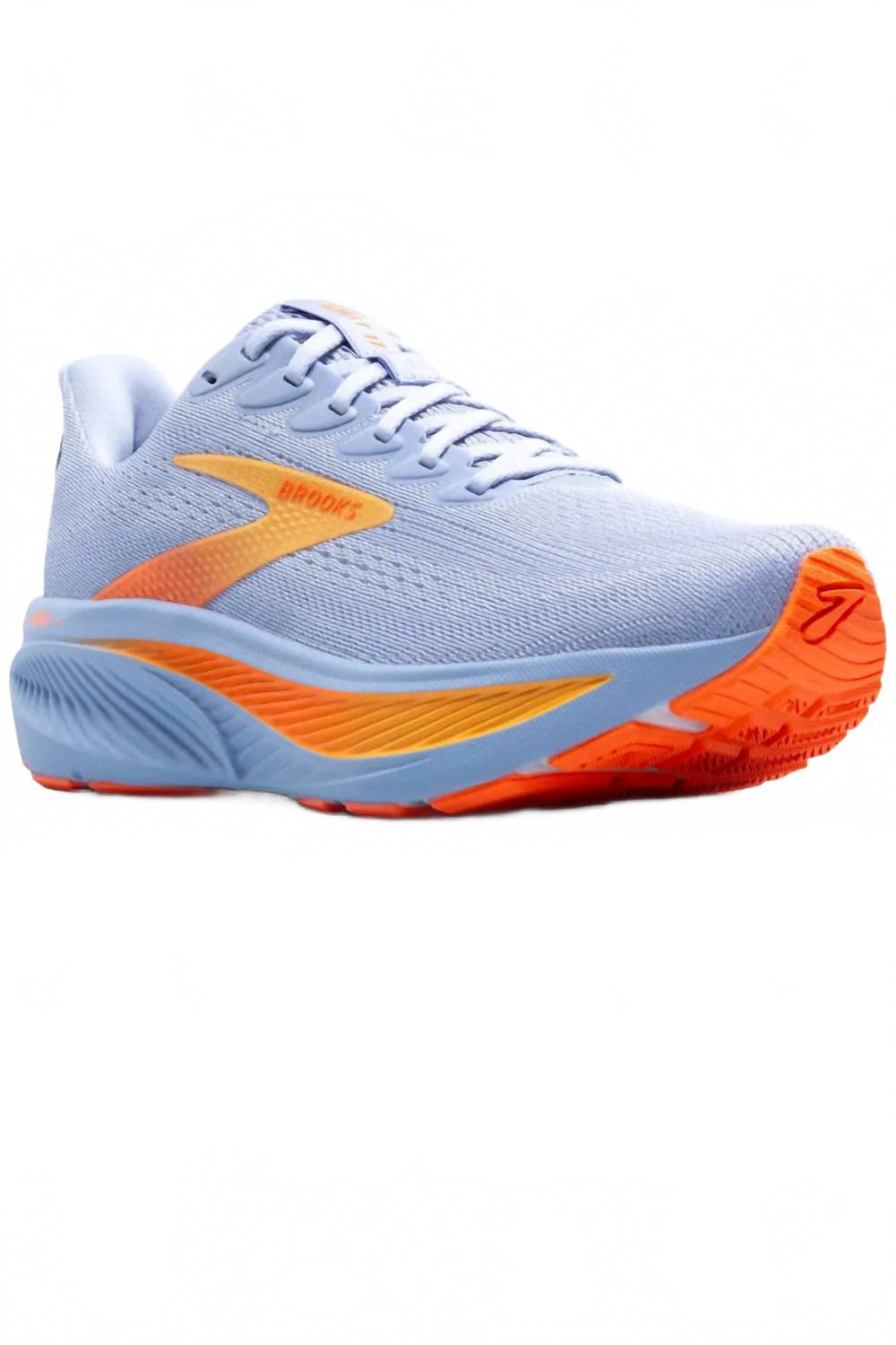 Tenis para correr de mujer color blanco y azul y naranja