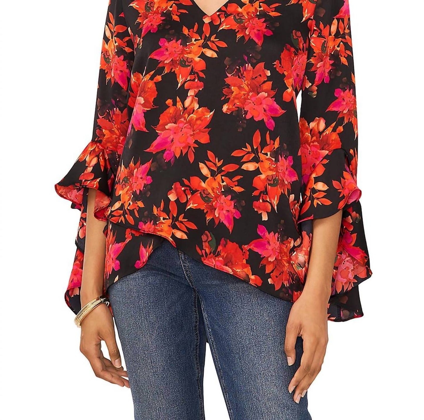 Top con cuello en V con estampado color negro