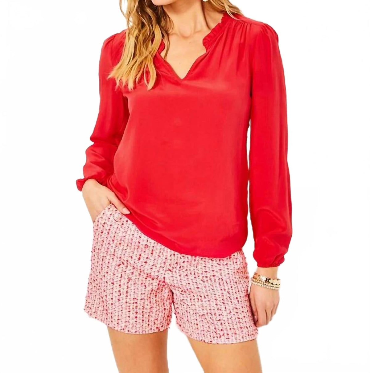 Top de seda de manga larga color rojo