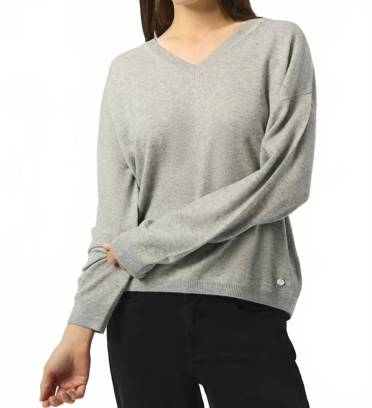 Suéter de manga larga con cuello en V color gris claro