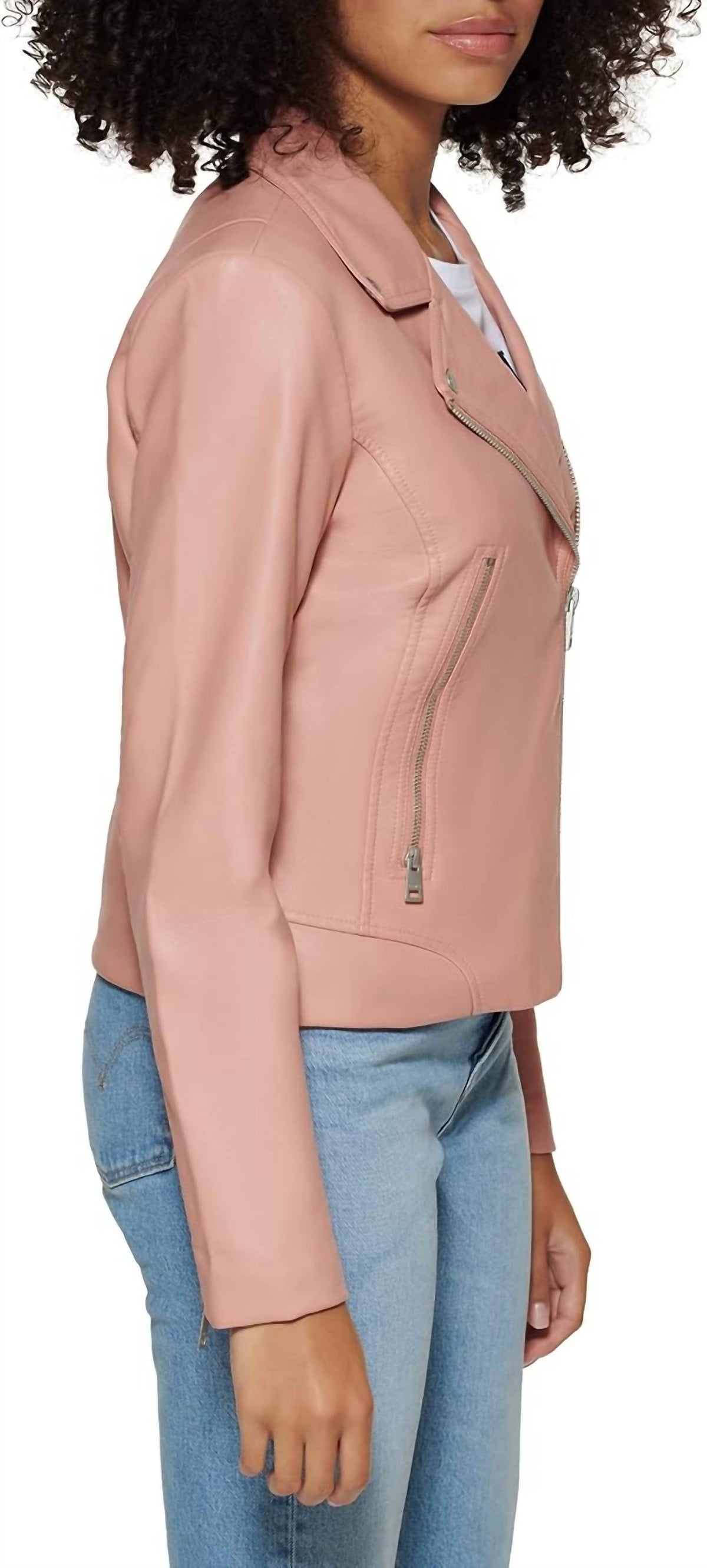 Chaqueta de efecto cuero color rosado