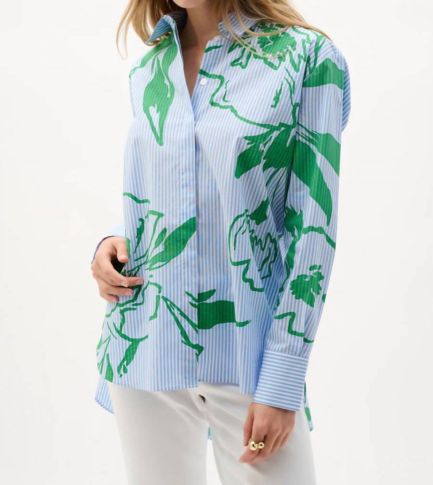Camisa de algodón con estampado floral a rayas color azul y verde