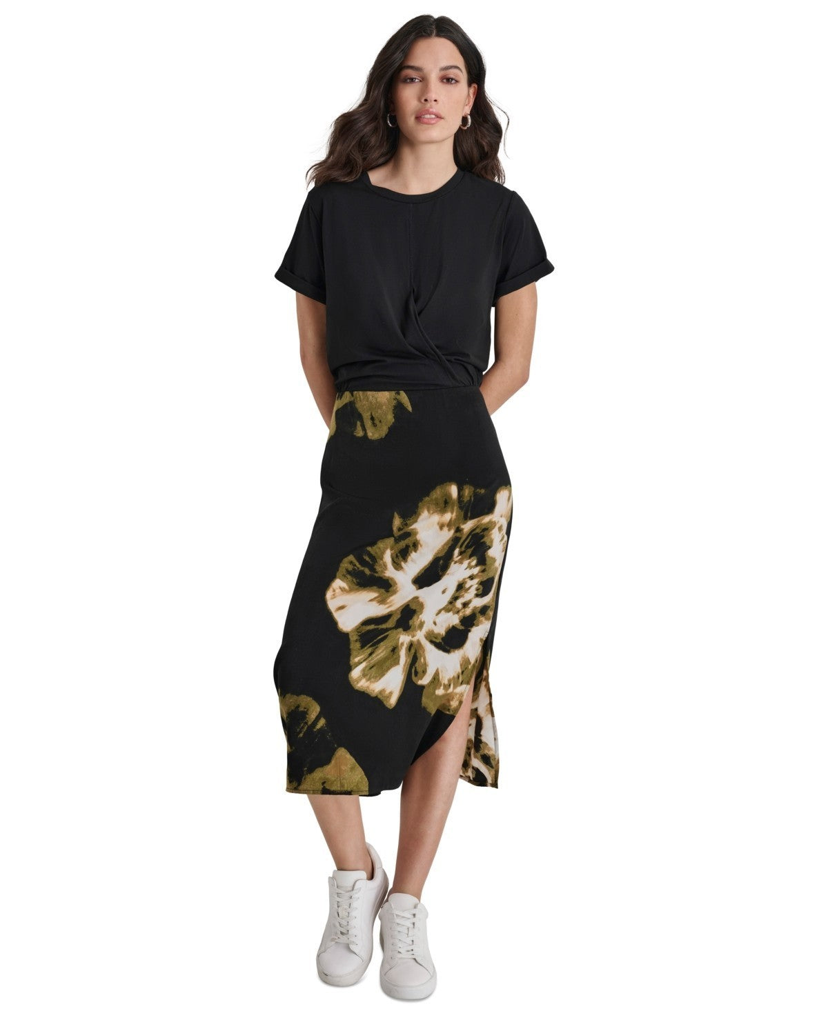 Vestido de mujer de mezcla de algodón midi con cuello redondo con estampado floral color negro
