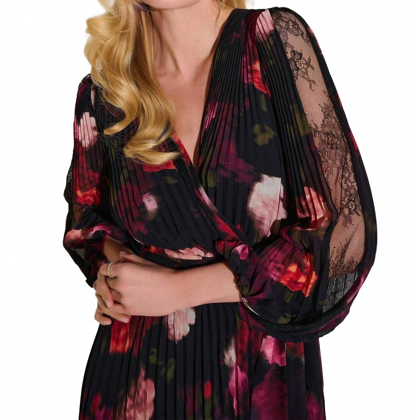 Vestido de gasa midi con estampado floral con pliegues color negro
