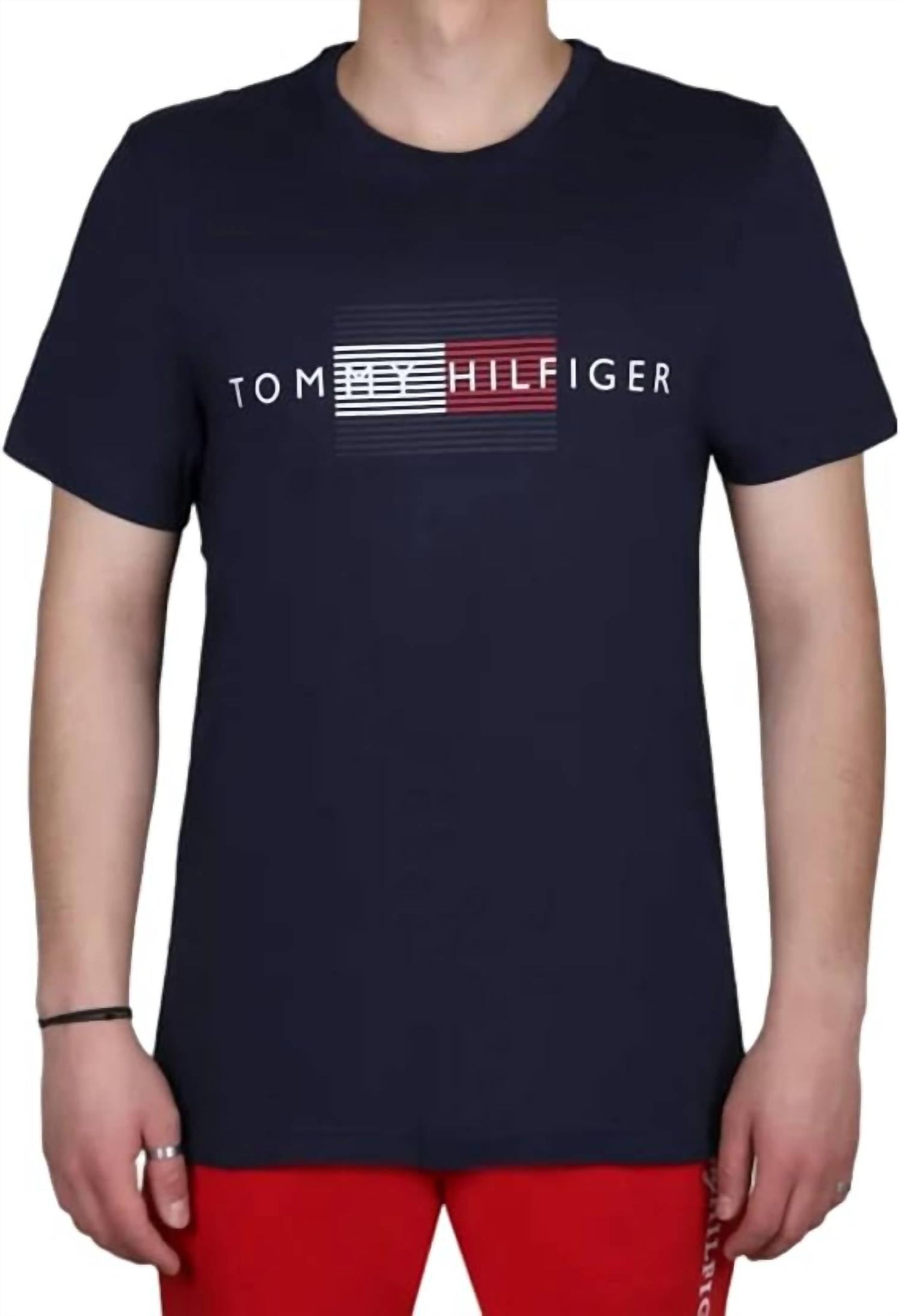 Camisa de hombre de manga corta con cuello redondo color azul marino