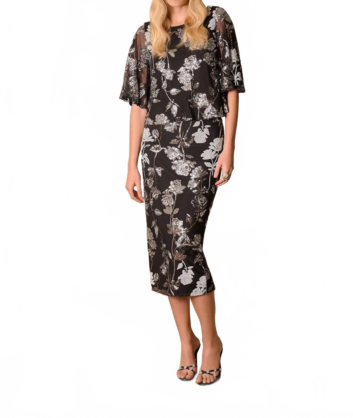 Falda midi con estampado floral con lentejuelas color negro