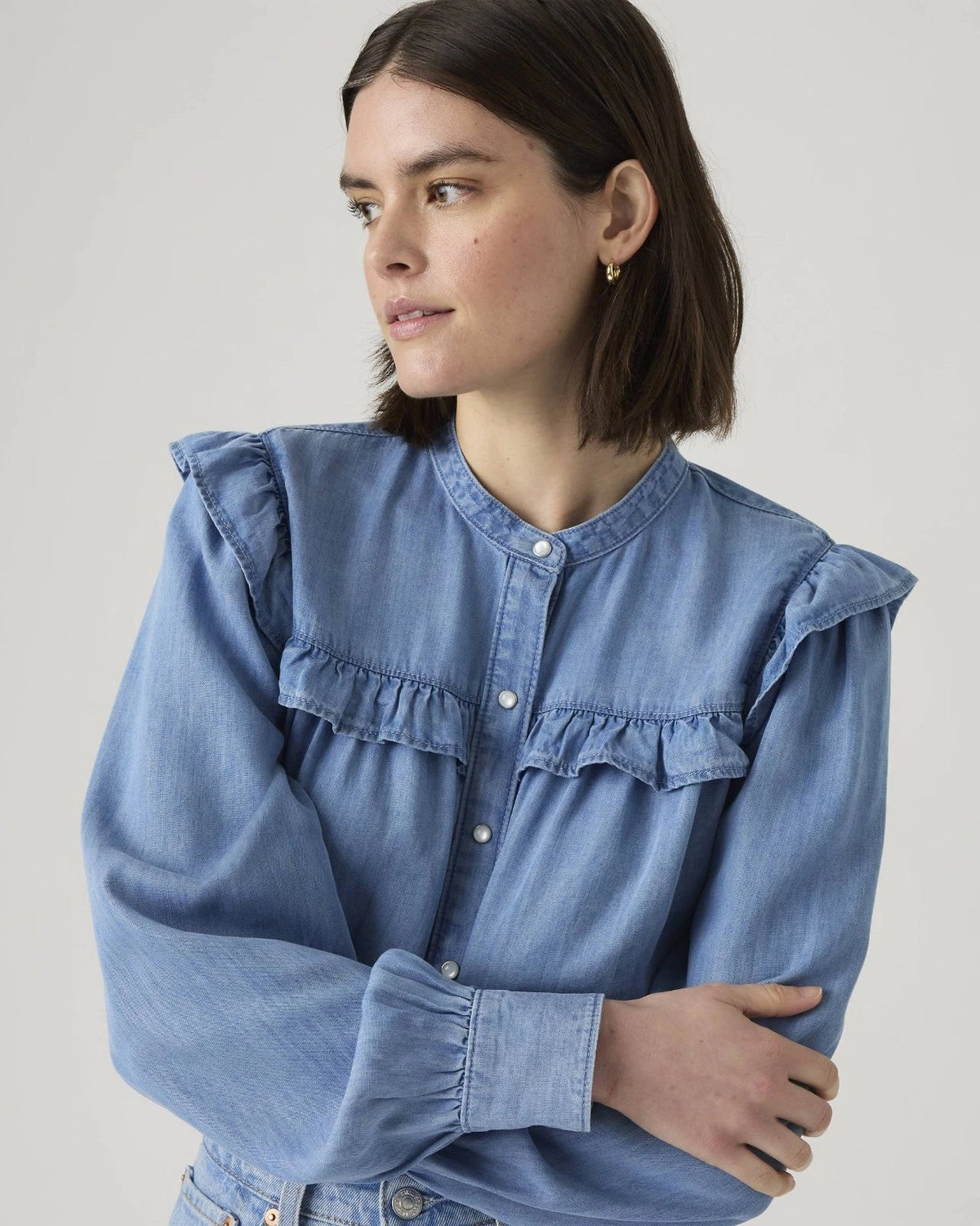 Blusa de mujer de manga larga con boleros color azul