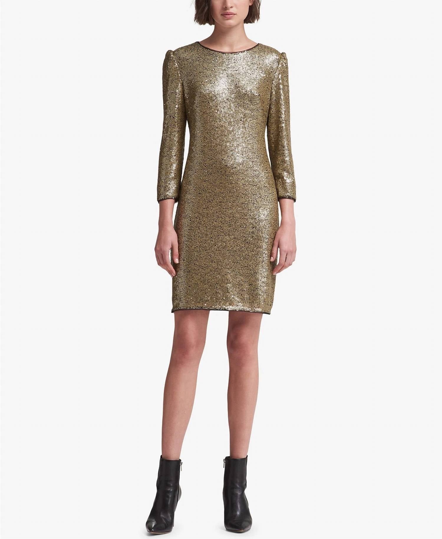Vestido de manga larga con lentejuelas color dorado