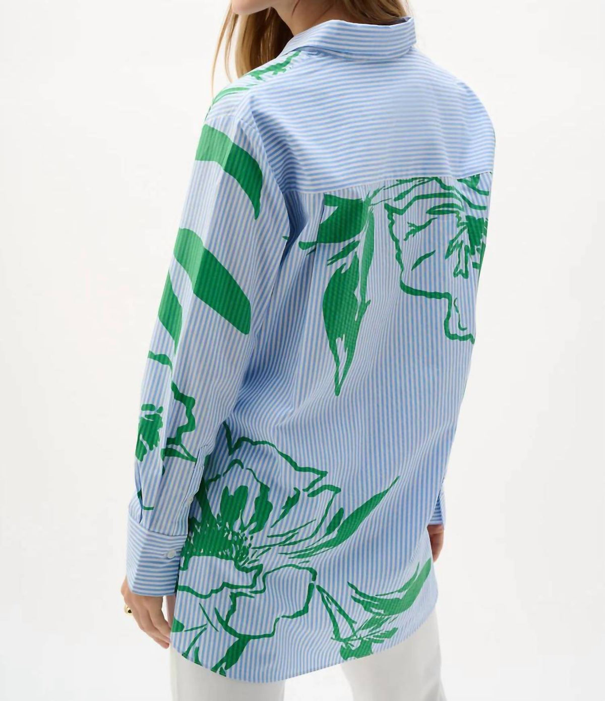 Camisa de algodón con estampado floral a rayas color azul y verde