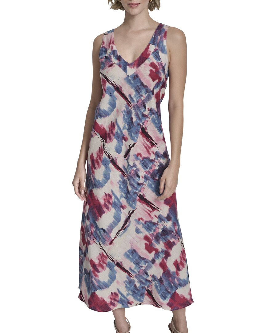 Vestido de lino midi con cuello en V con estampado