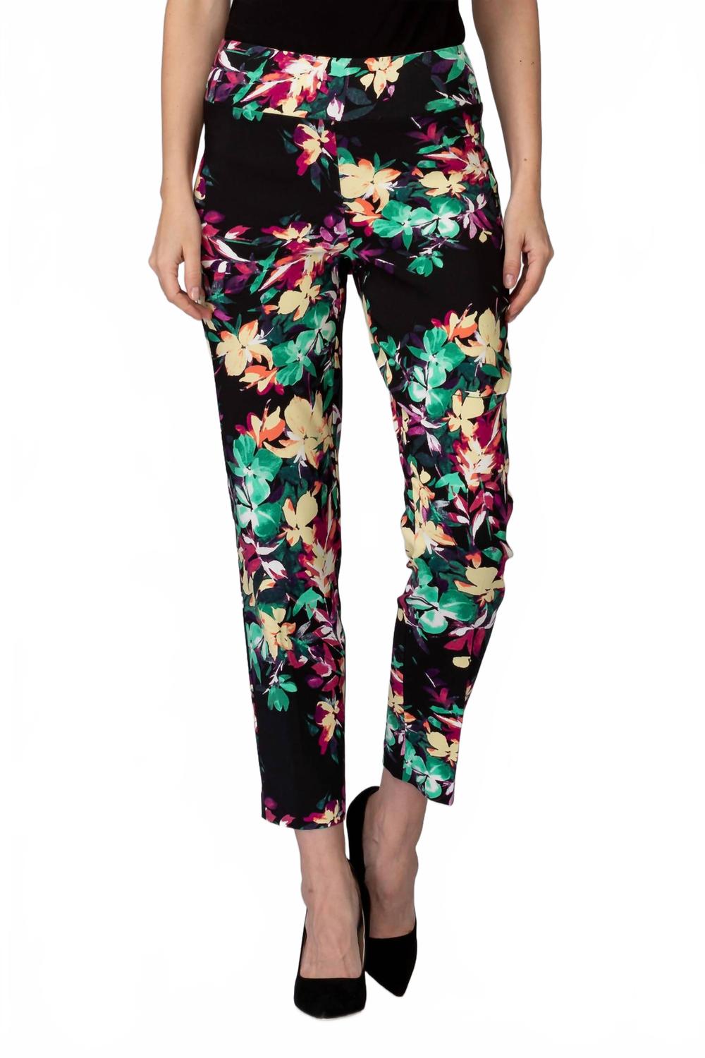 Pantalón de mujer con estampado floral color negro y verde y amarillo