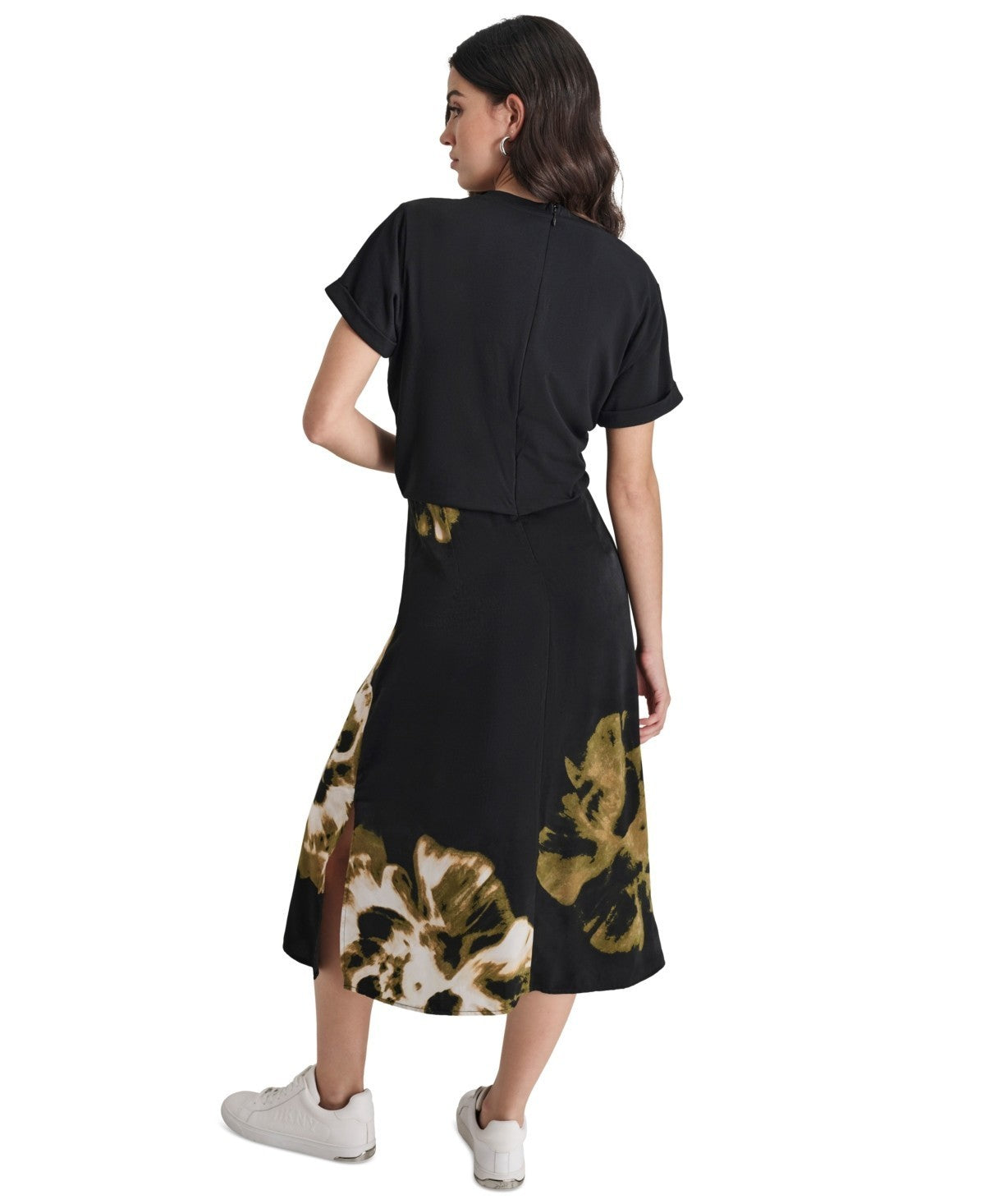 Vestido de mujer de mezcla de algodón midi con cuello redondo con estampado floral color negro