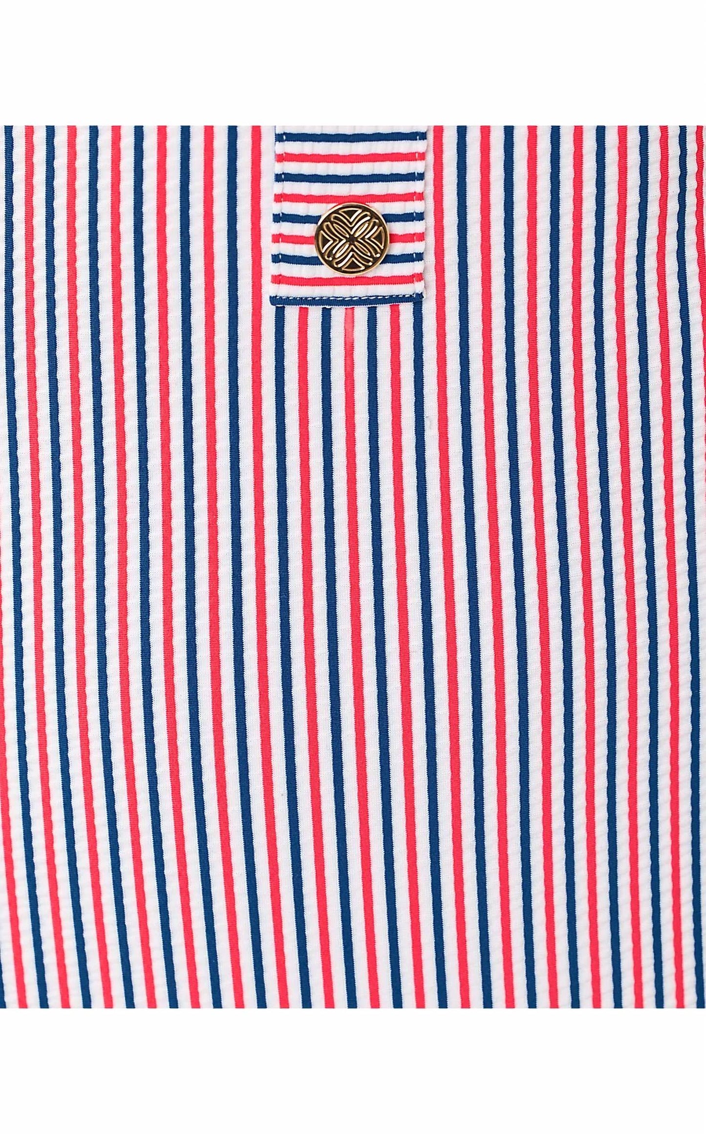Vestido de baño a rayas color azul marino y blanco y rojo