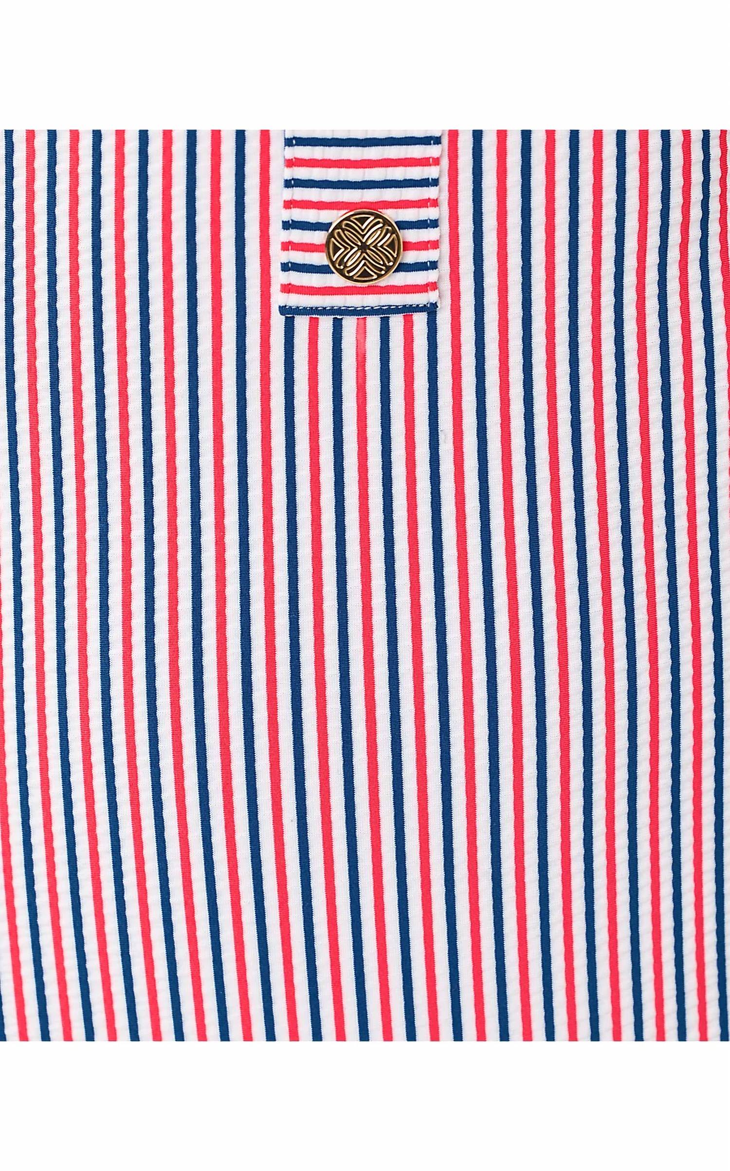 Vestido de baño a rayas color azul marino y blanco y rojo