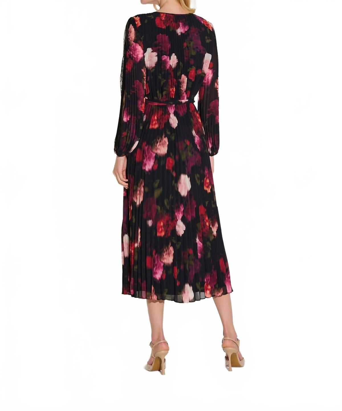 Vestido de gasa midi con estampado floral con pliegues color negro