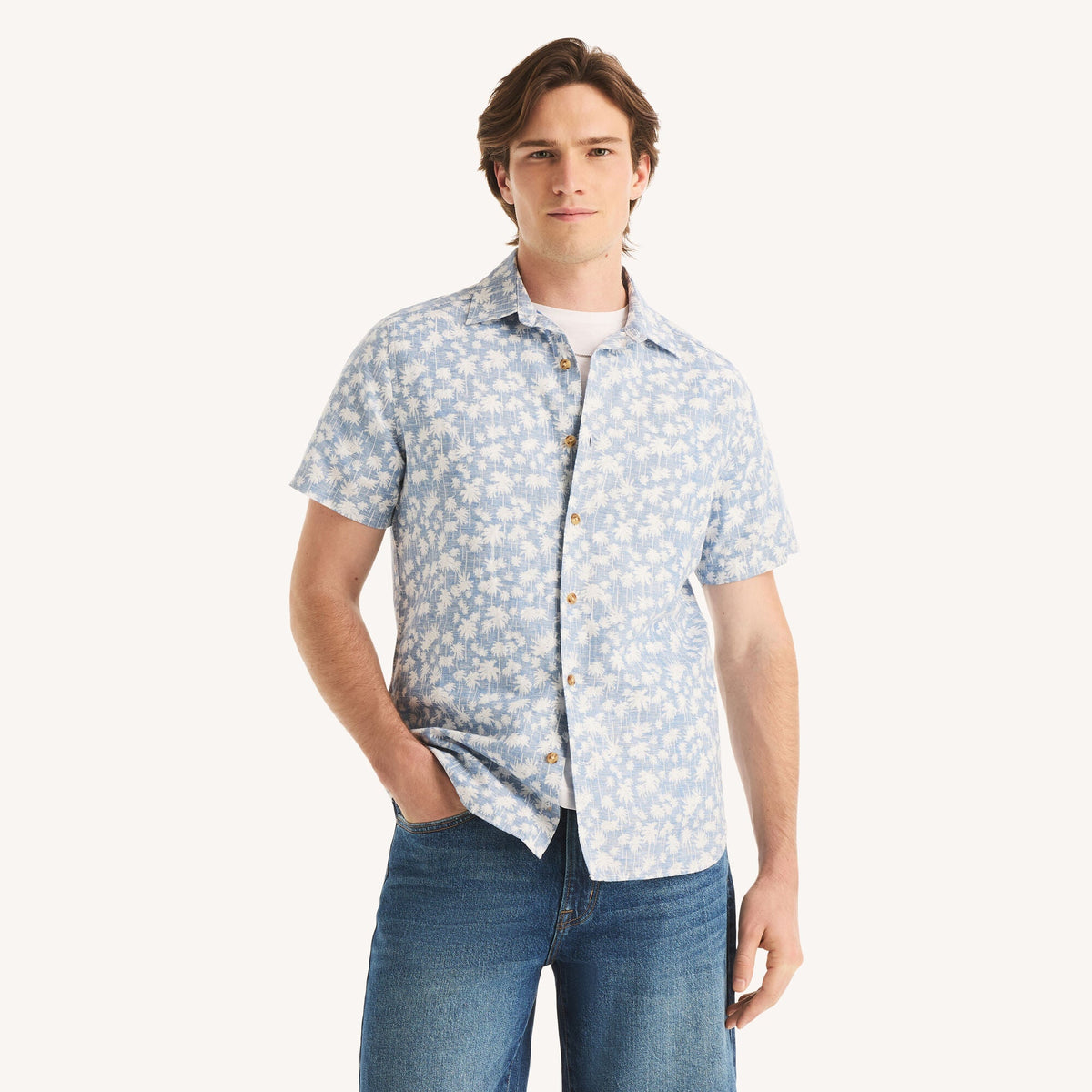 Camisa de hombre de lino de manga corta con estampado