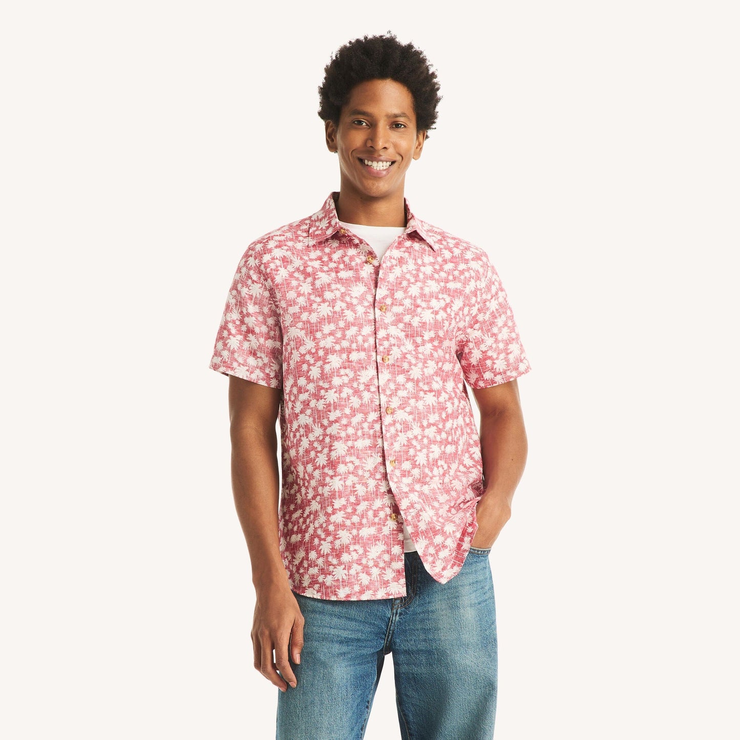 Camisa de hombre de lino de manga corta con estampado