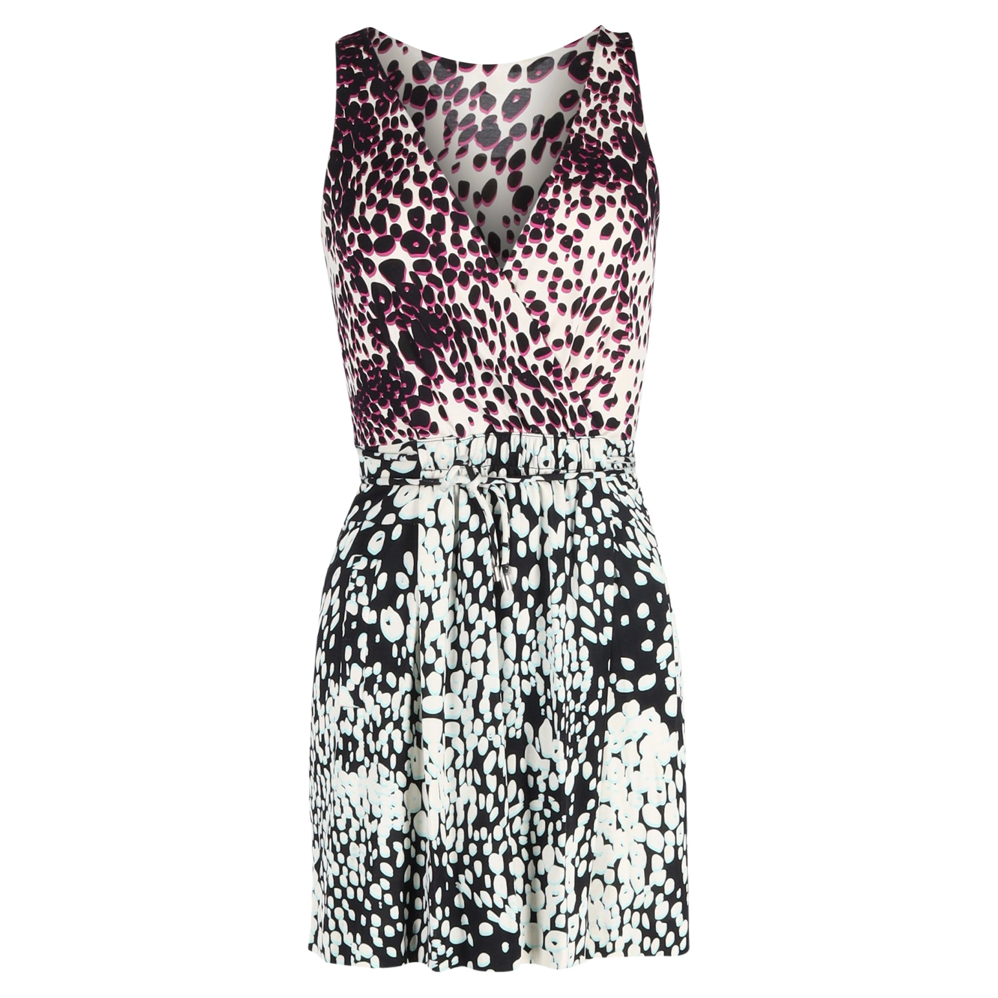 Vestido de seda corto con cuello en V con estampado multicolor
