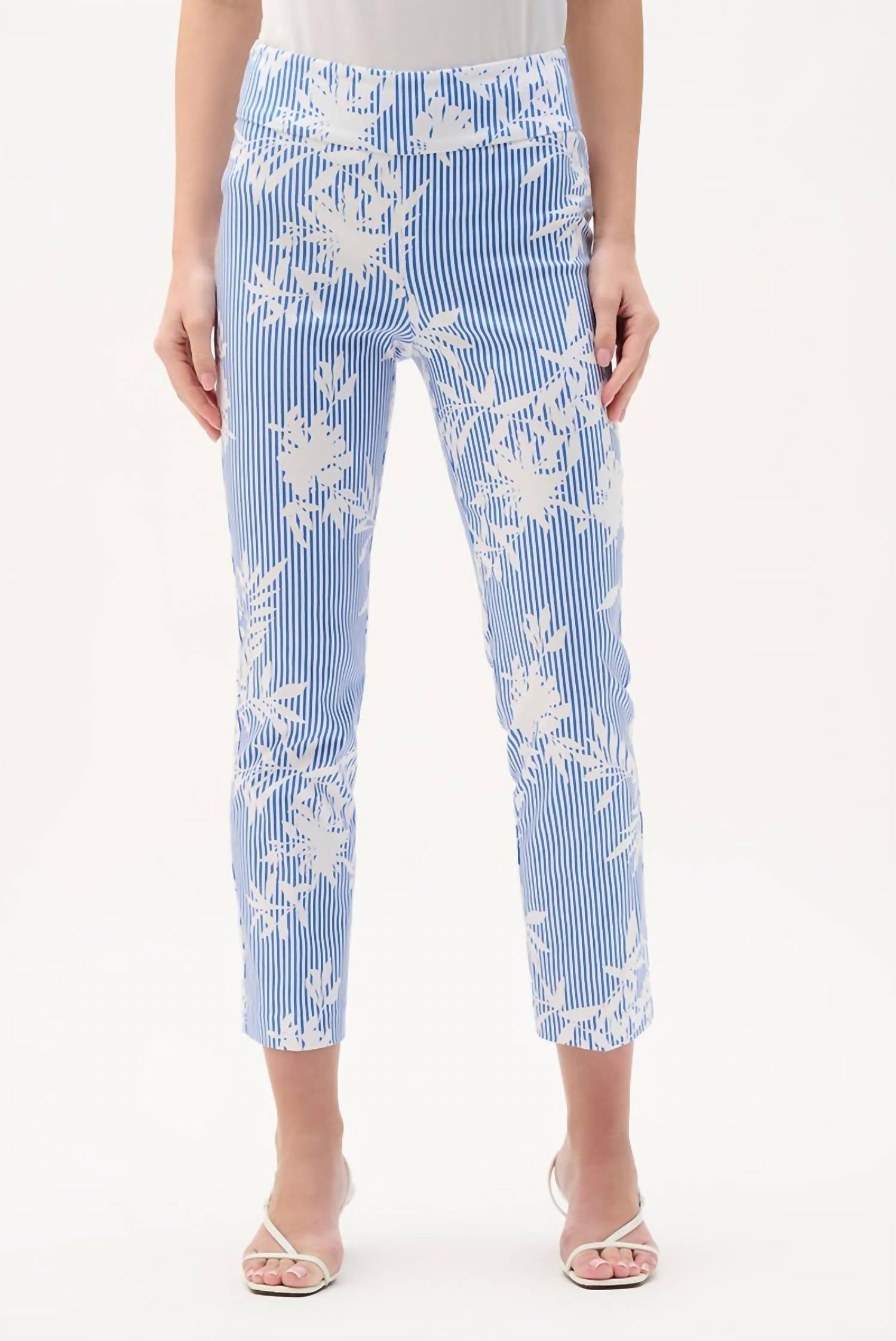 Pantalón de corte recto con estampado floral a rayas color azul