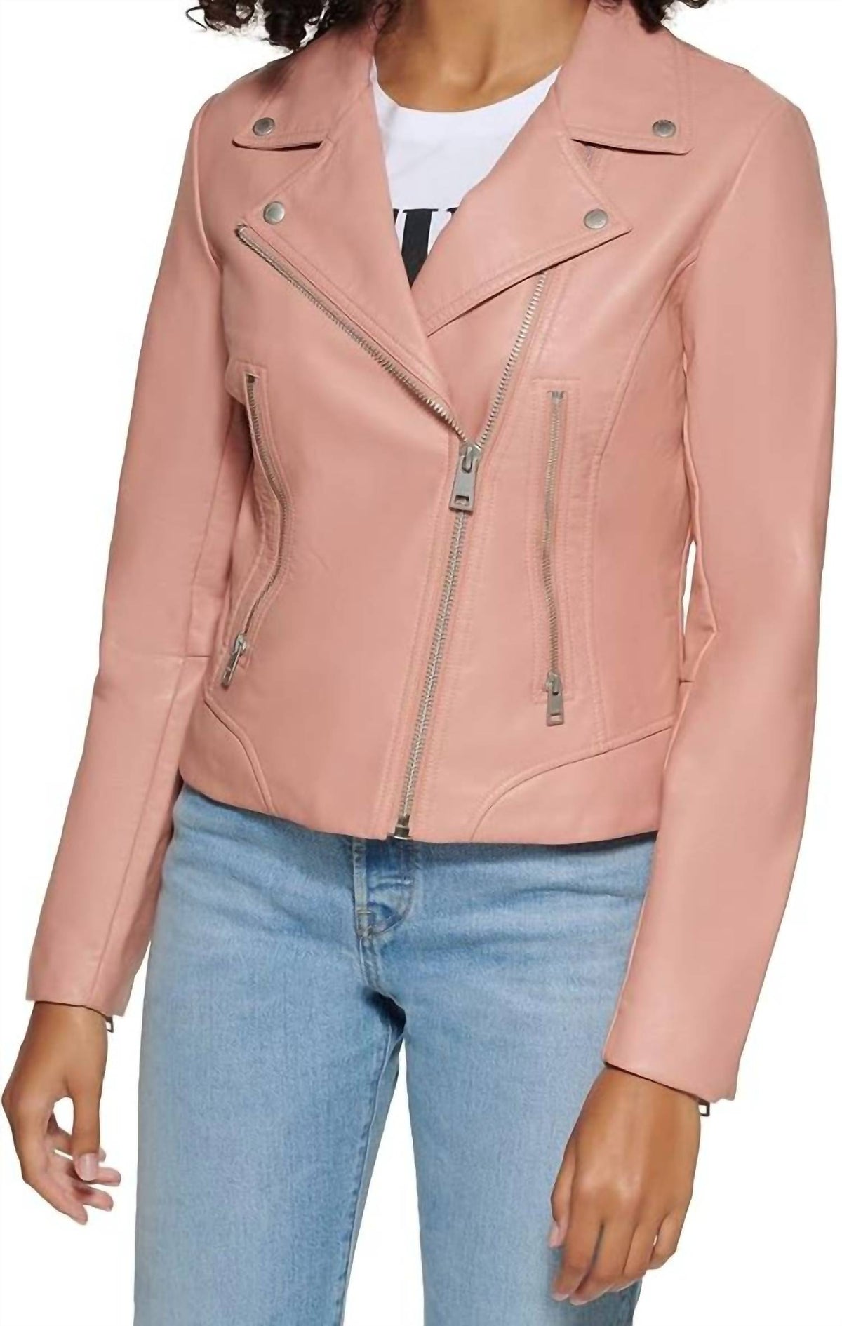 Chaqueta de efecto cuero color rosado