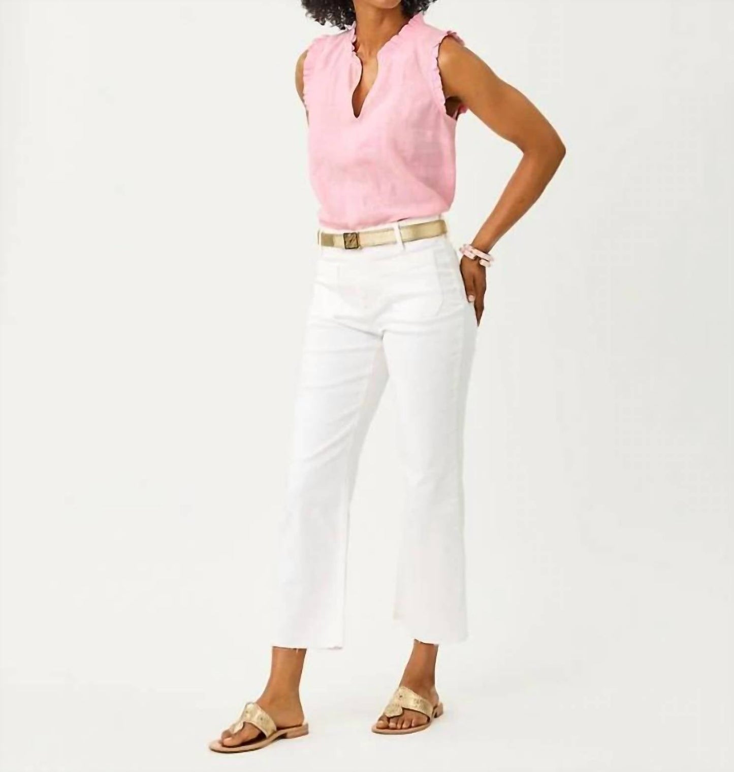 Camiseta sin mangas con boleros color blanco y rosado