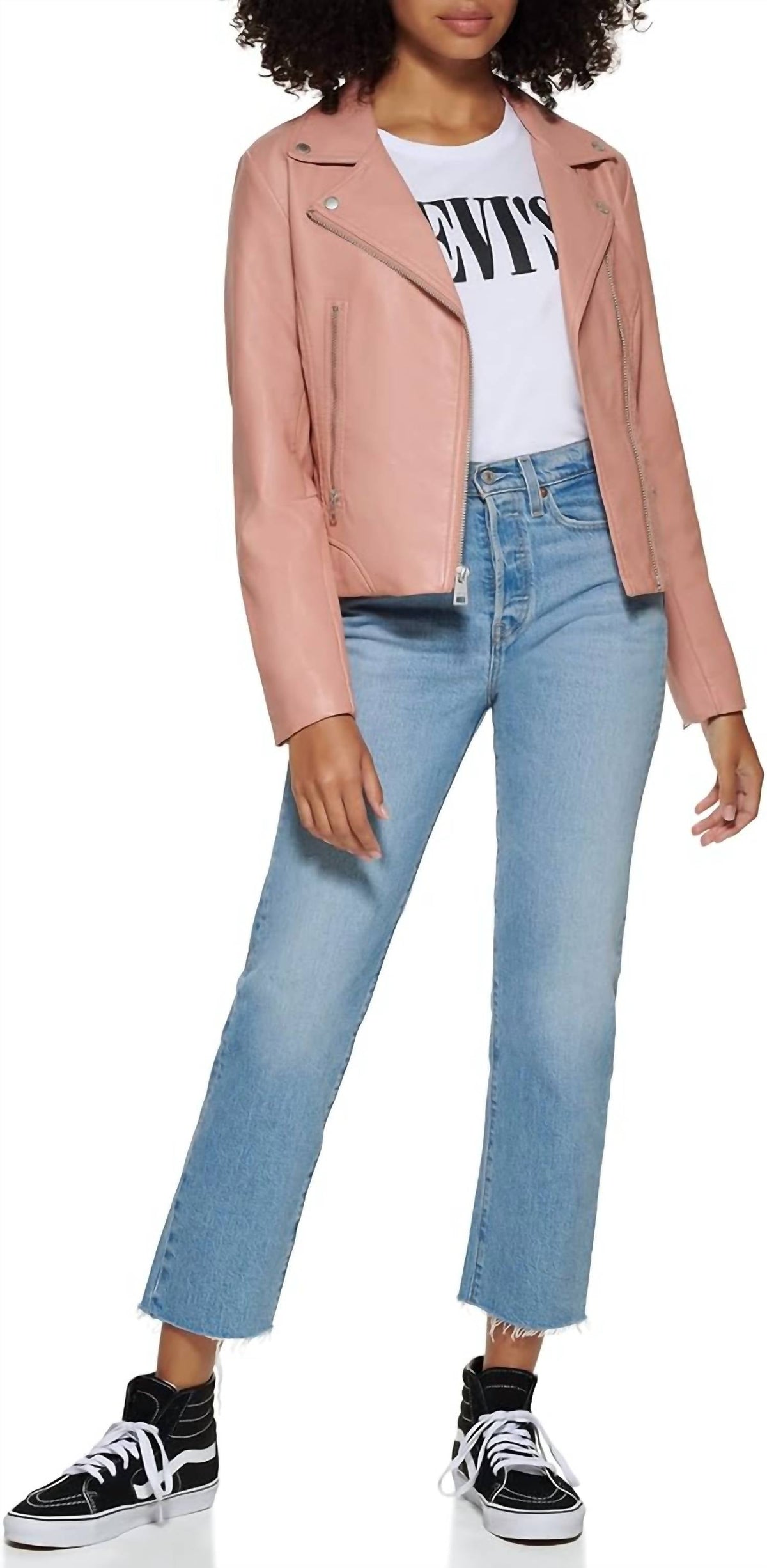 Chaqueta de efecto cuero color rosado