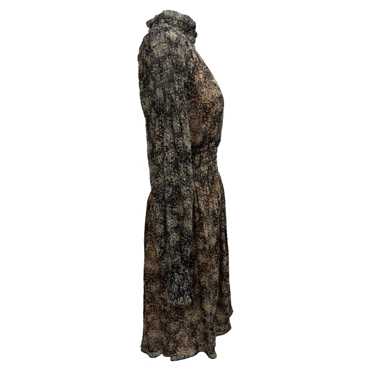 Vestido de seda corto con cuello alto con estampado color café