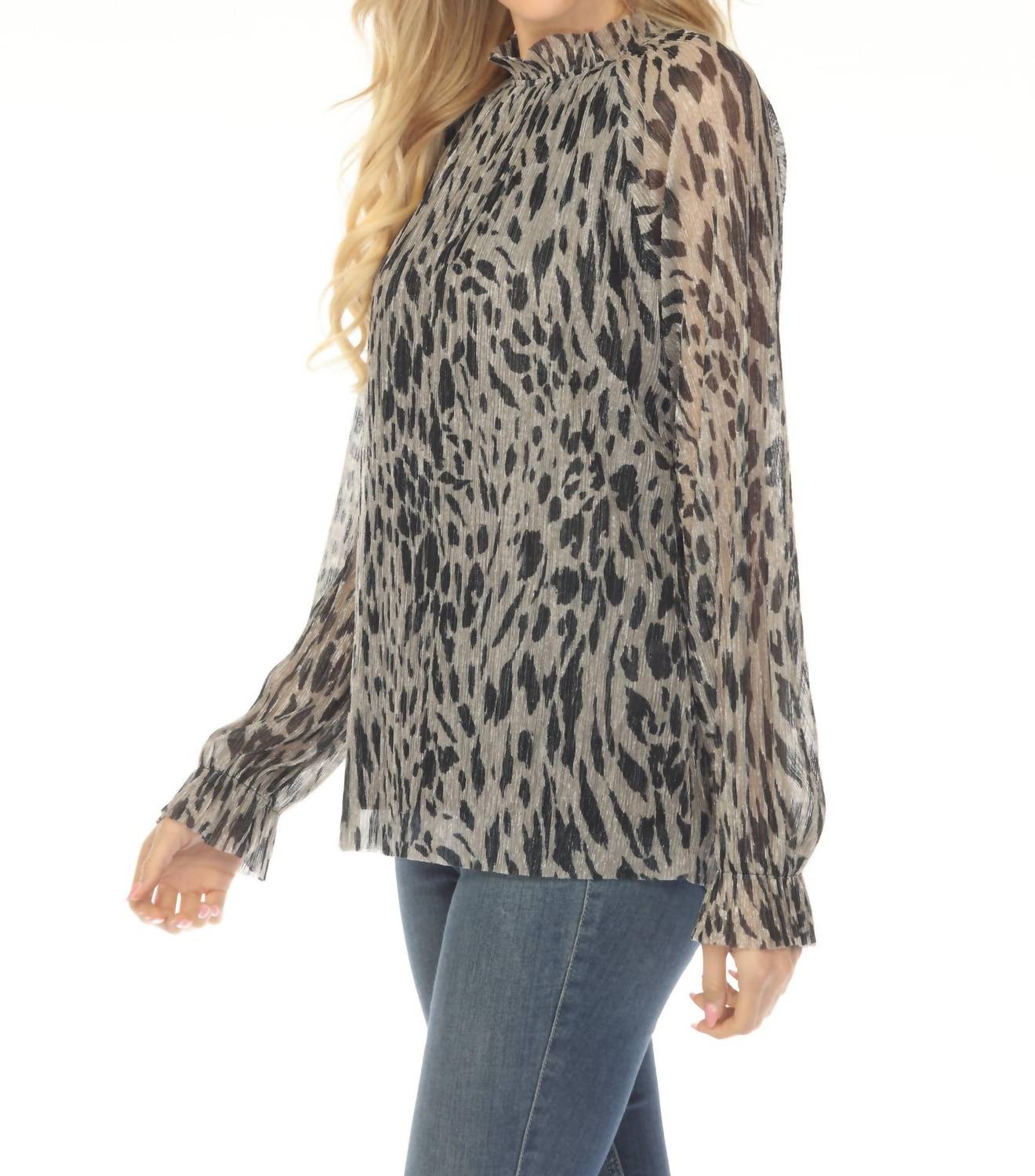 Blusa con estampado animal con pliegues color negro y beige