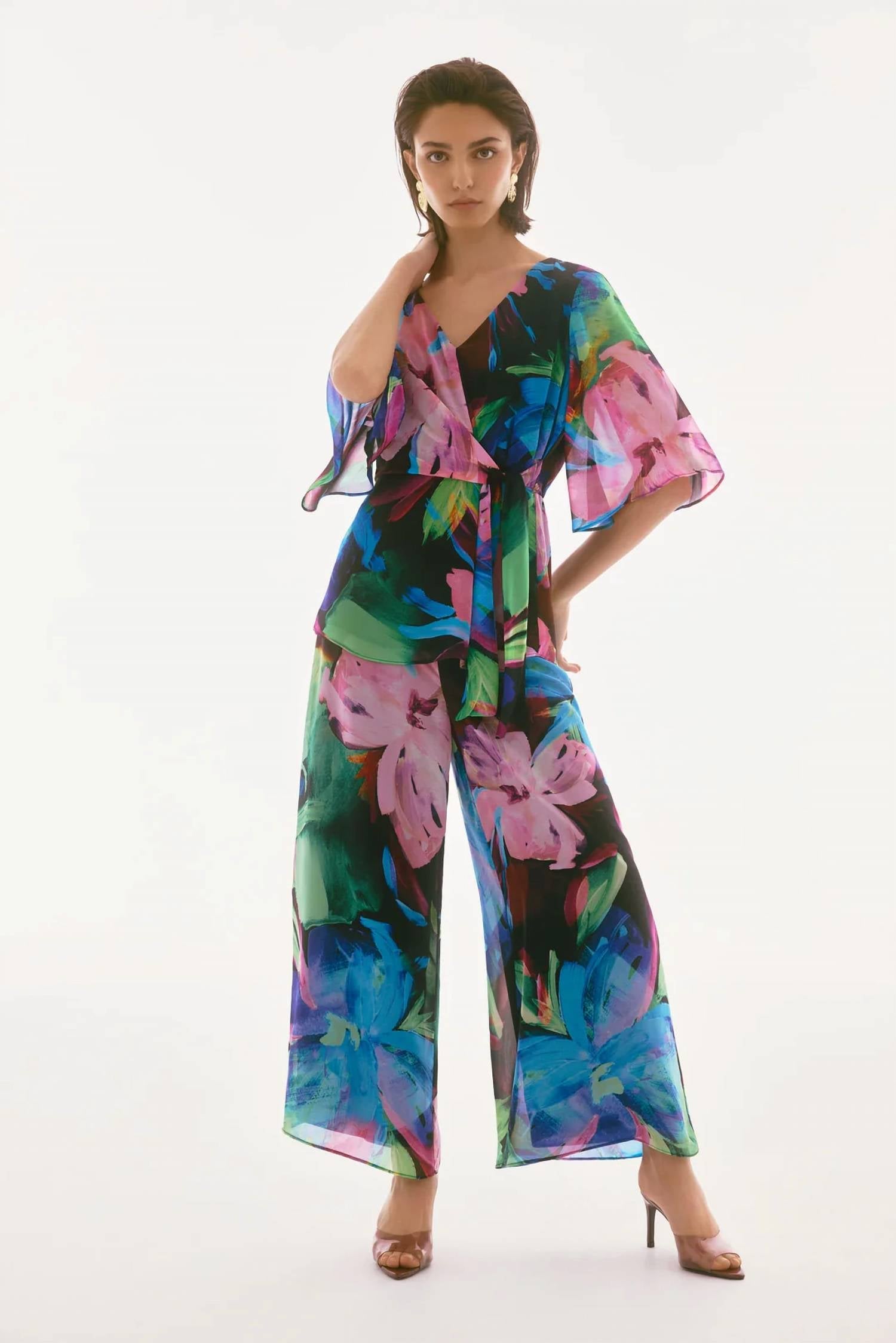 Pantalón de gasa de pierna ancha con estampado floral