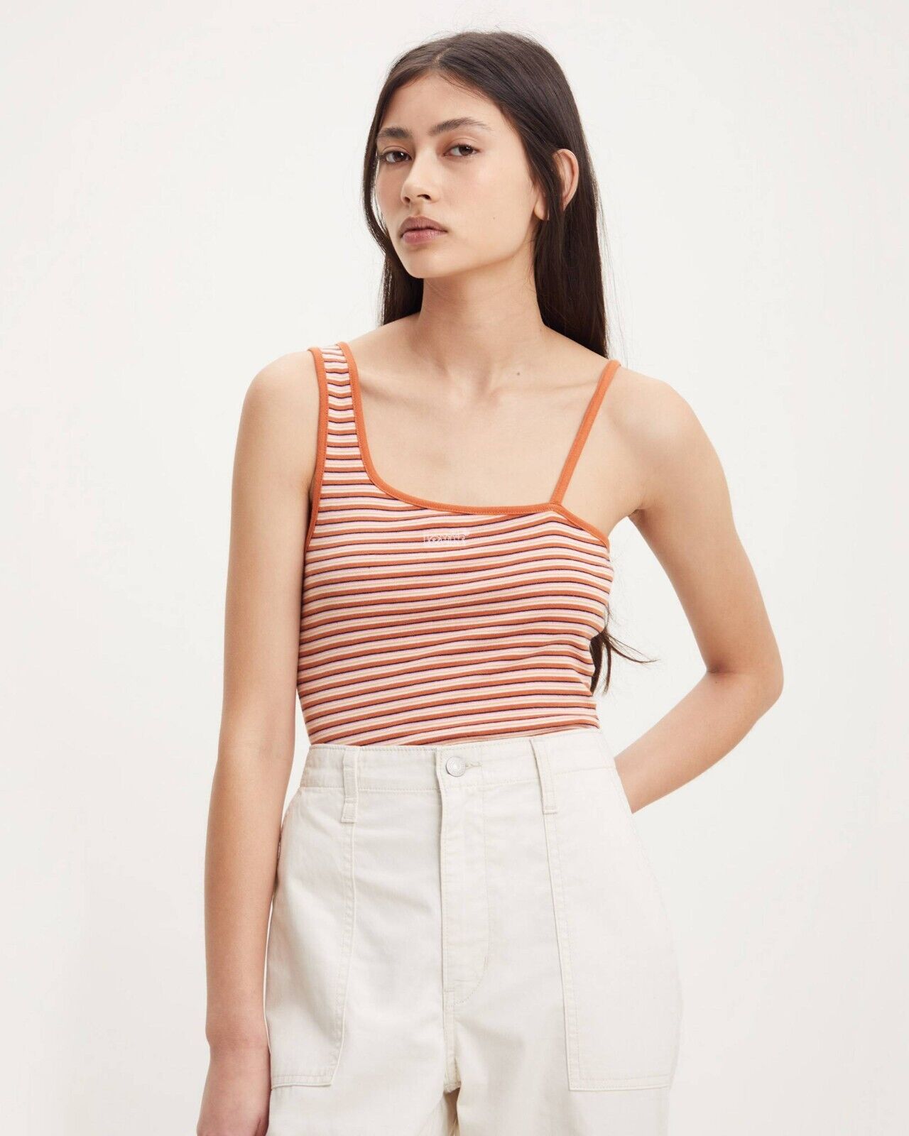 Camiseta sin mangas de mujer a rayas color naranja