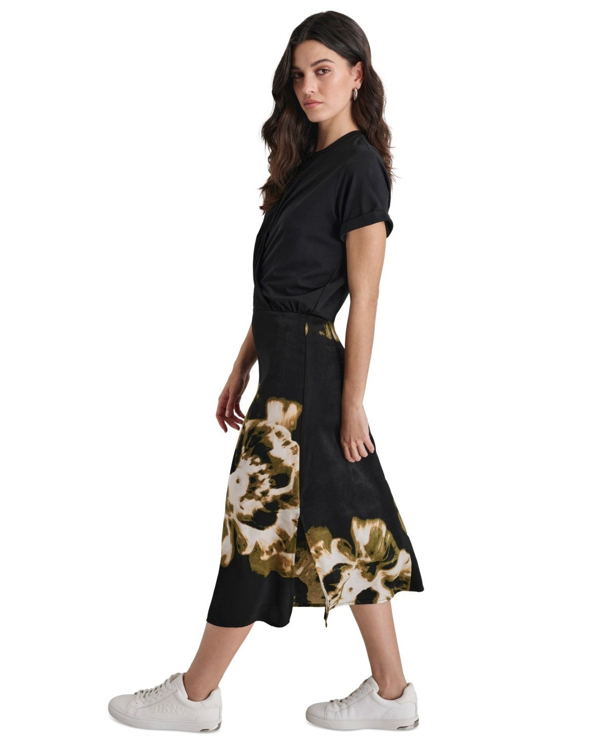 Vestido de mujer de mezcla de algodón midi con cuello redondo con estampado floral color negro