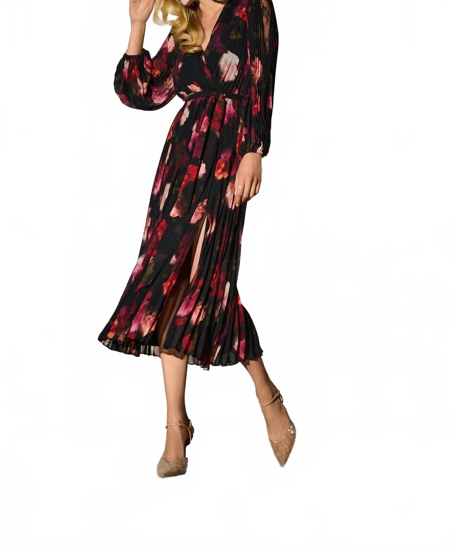 Vestido de gasa midi con estampado floral con pliegues color negro