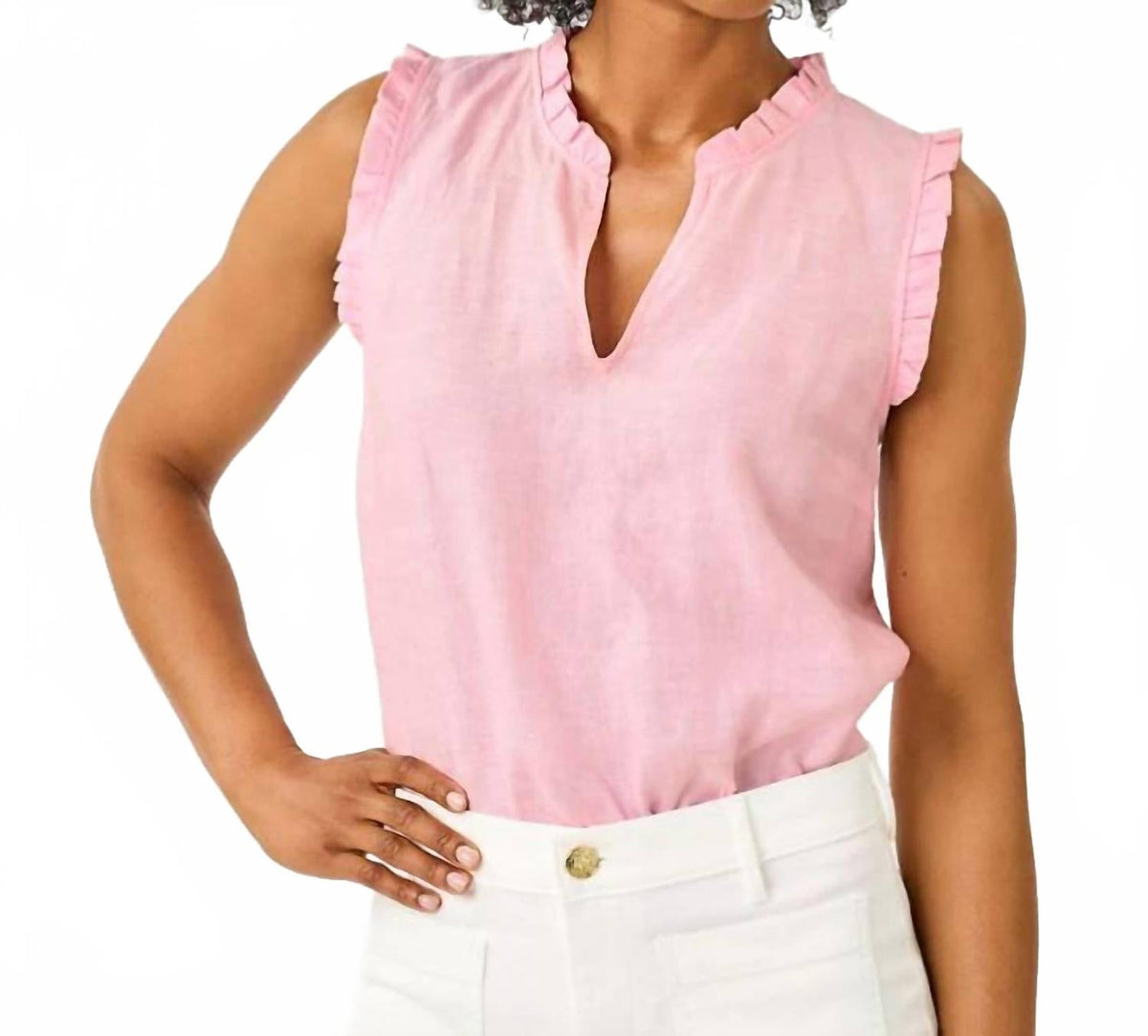 Camiseta sin mangas con boleros color blanco y rosado