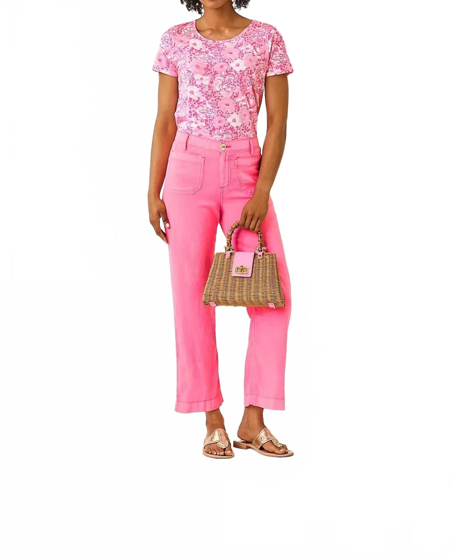 Pantalón de lino de tiro alto color rosado