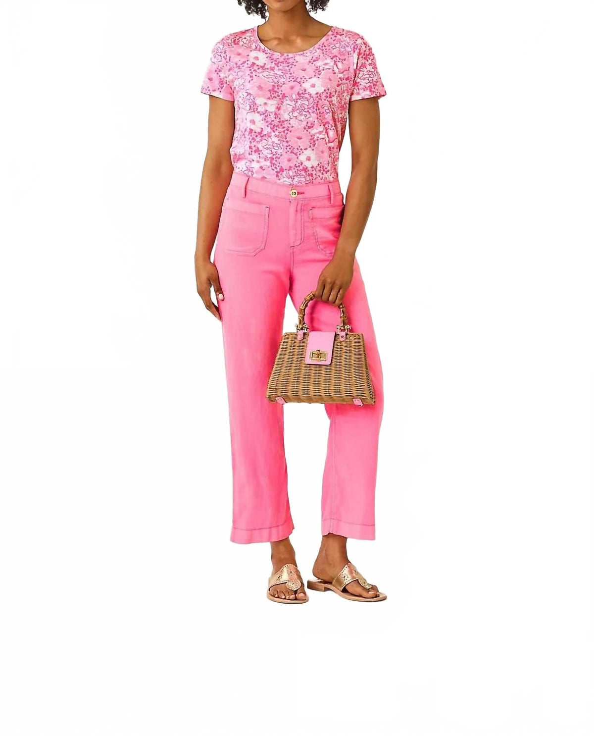 Pantalón de lino de tiro alto color rosado