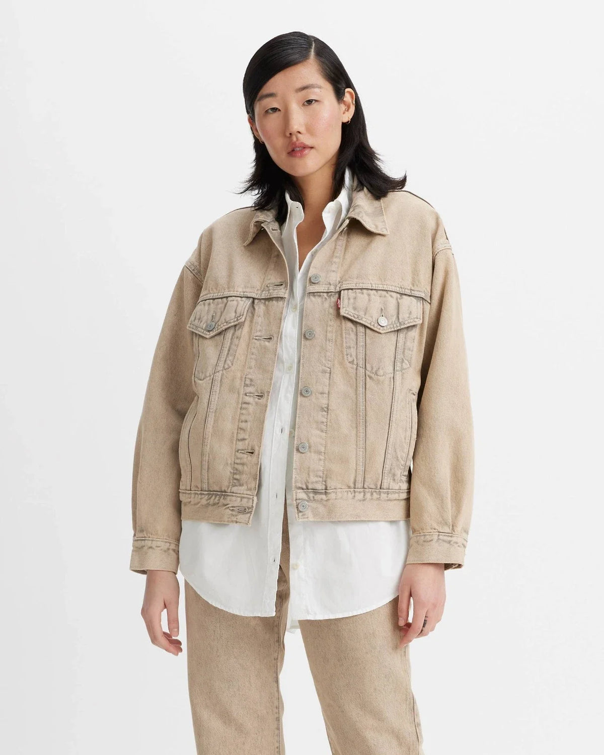 Chaqueta de mujer de mezclilla de manga larga color beige